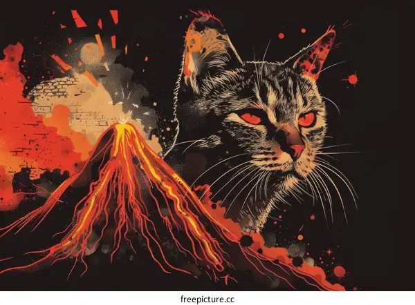 Artistic Representation of a Cat Observing a Volcanic Eruption