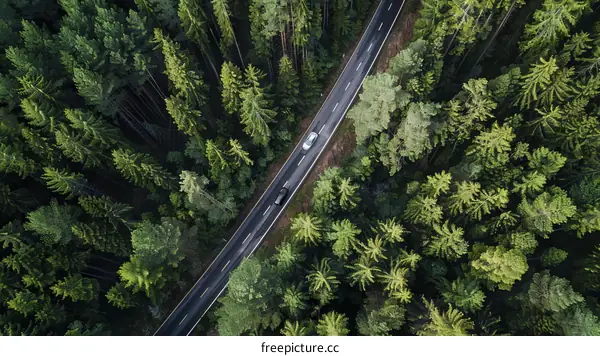 Aerial View of a Road Through a Dense Evergreen Forest