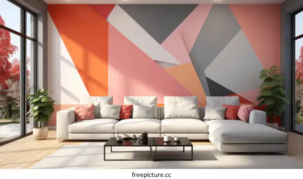 A modern living room with a large geometric mural