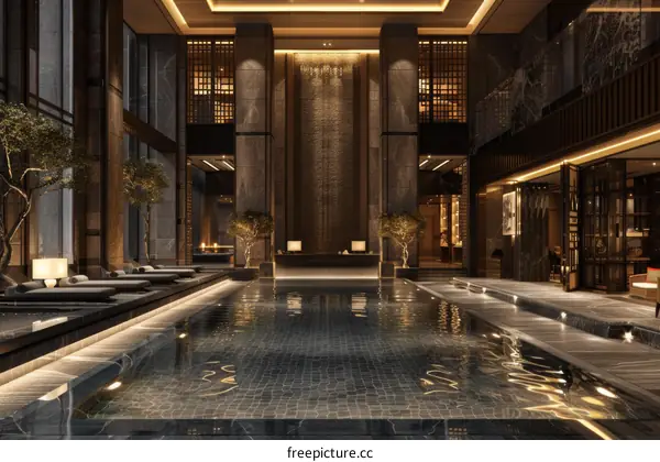 Luxurious Modern Chinese-style Hotel Interior with Pool