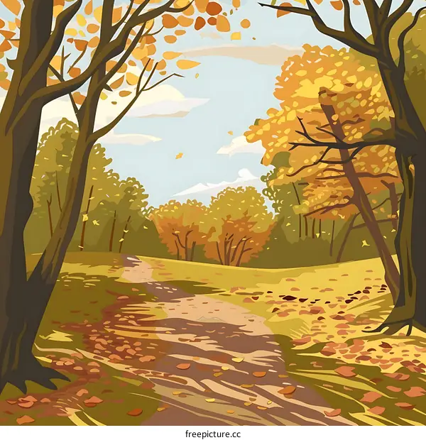 Autumn Forest Pathway with Colorful Leaves