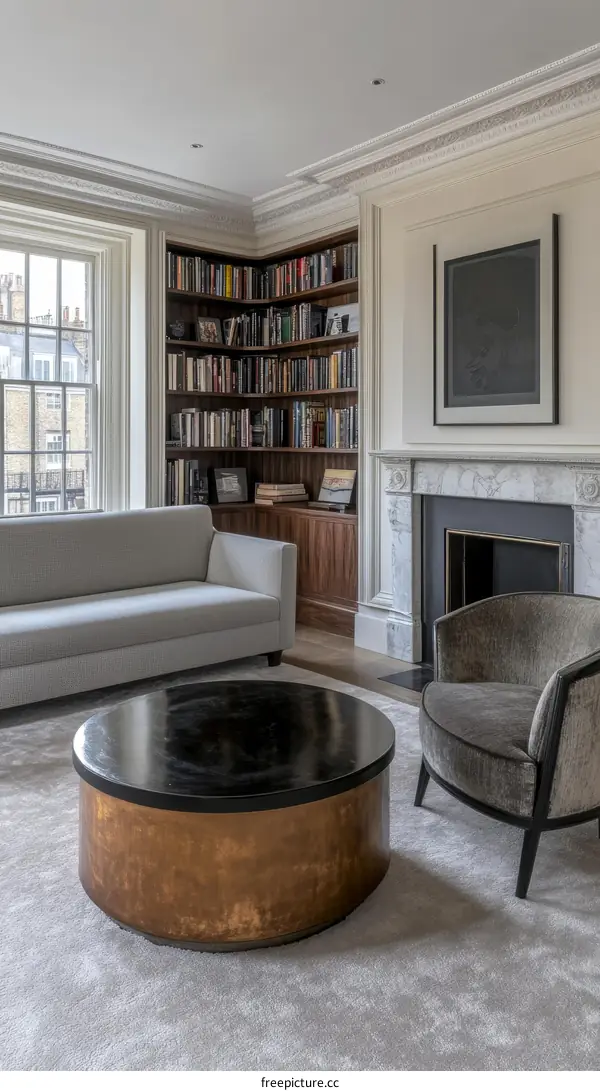 Modern Elegant Living Room with Corner Bookshelf
