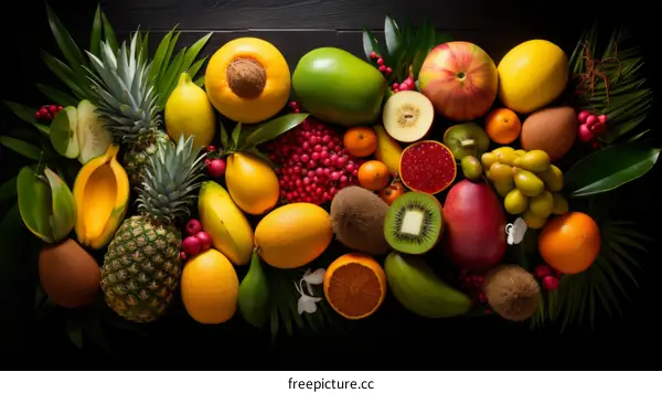 A wide variety of fruits are arranged beautifully on a dark background
