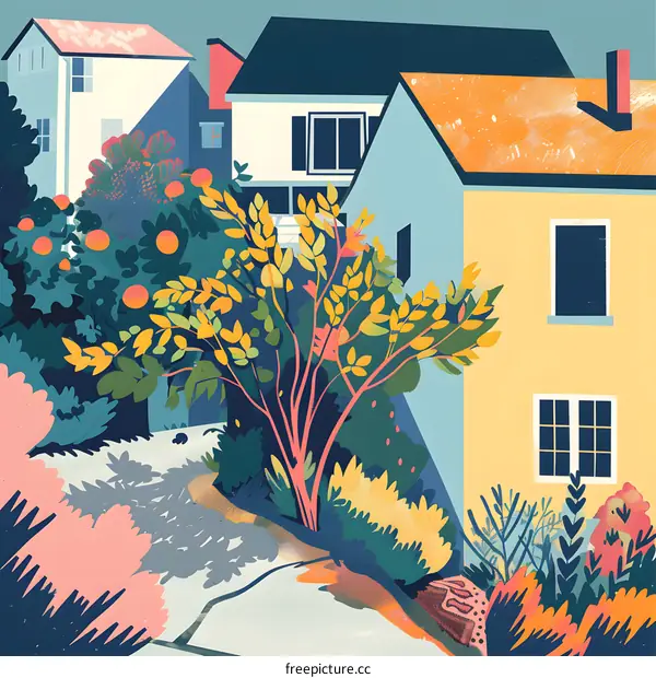 Colorful Illustration of Houses with a Garden