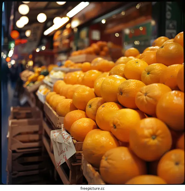 Fresh Oranges On Display At A Market