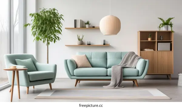 A Stylish Living Room With Blue Sofa and Natural Elements