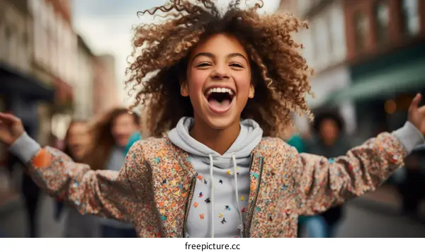 Laughing teenage girl with curly hair in the street