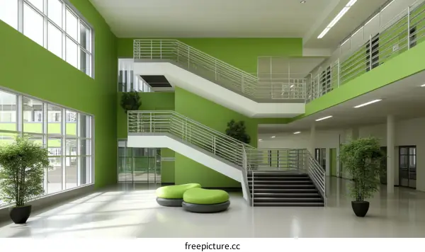 Modern Green Interior School Building Hallway