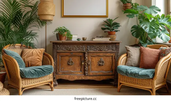 Cozy Bohemian Living Room with Wicker Chairs and Plants