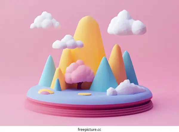 Low Poly 3D Landscape with Clouds, Mountains, and a Pink Tree