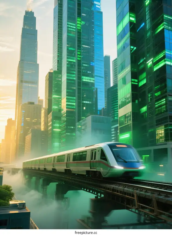 Modern City Monorail Train Moving Above Urban Buildings