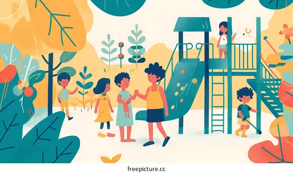 Happy Children Playing in a Colorful Playground