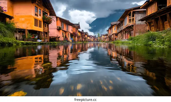 Orange Houses Reflecting on a River