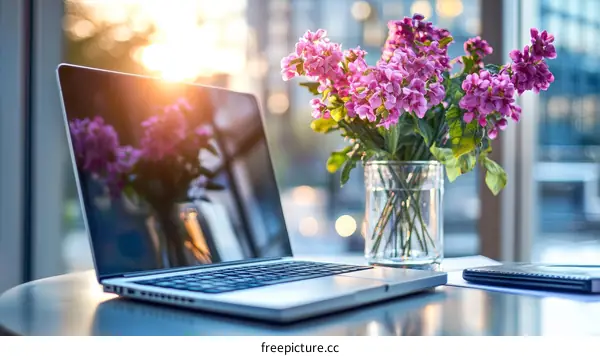 Laptop with Flowers on a Table Outdoor Office