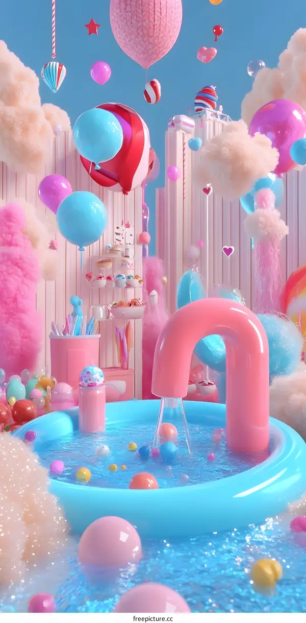Candyland Theme Park with Blue Pool and Pink Faucet