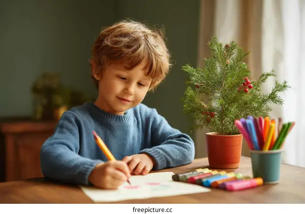 Child Drawing with Colored Pencils at a Table