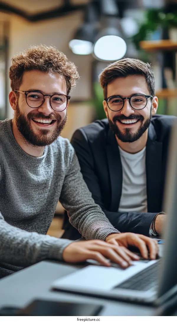 Two Caucasian Men Working on a Laptop