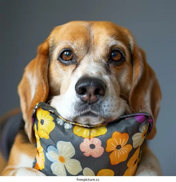 A cute beagle dog with a floral pillow in its mouth