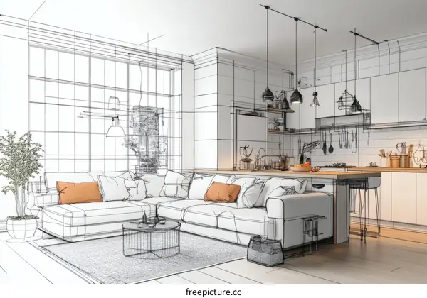 Interior Design Sketch of a Modern Kitchen and Living Room