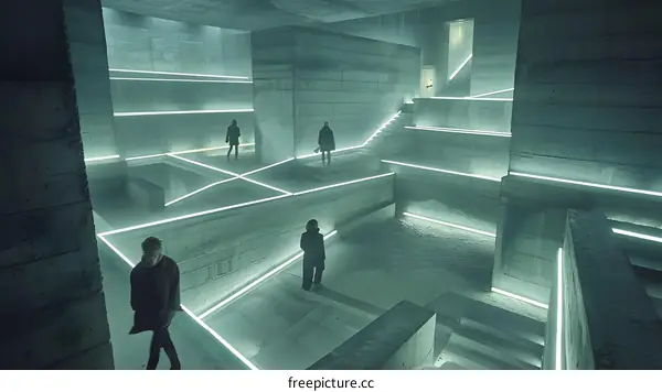 Minimalist Concrete Architecture With Neon Lights and People Walking