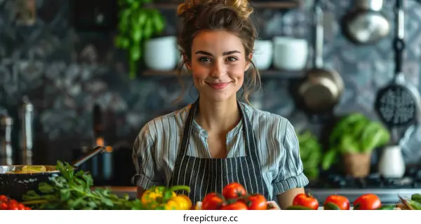 Portrait of a smiling young woman in a kitchen