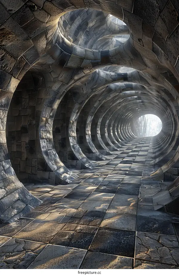 Mystical stone corridor with glowing end