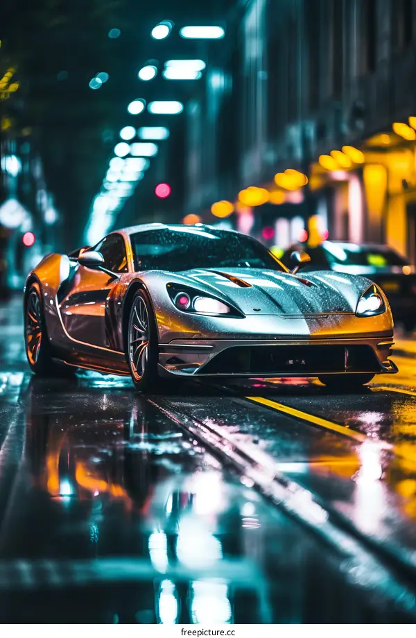A silver sports car drives through a wet city street at night