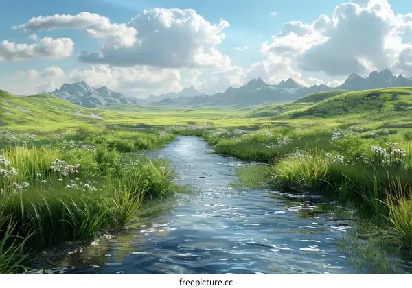 A Verdant Valley with a Winding River and Distant Mountains
