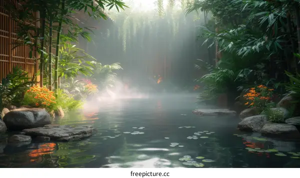 Misty bamboo forest hot spring