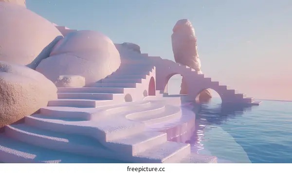 Pink Surrealist Architecture With Archways and Steps Leading To The Ocean