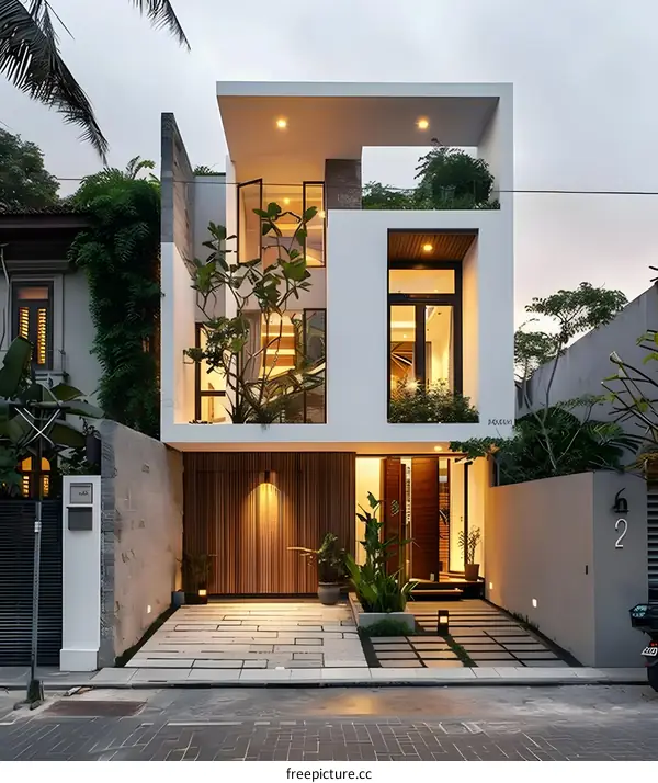 Modern Minimalist House Design with Large Windows and Green Plants