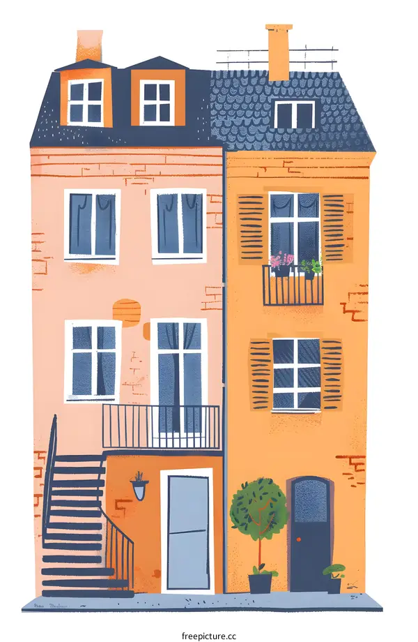 Illustration of a Two Story Townhouse with Brick Exterior