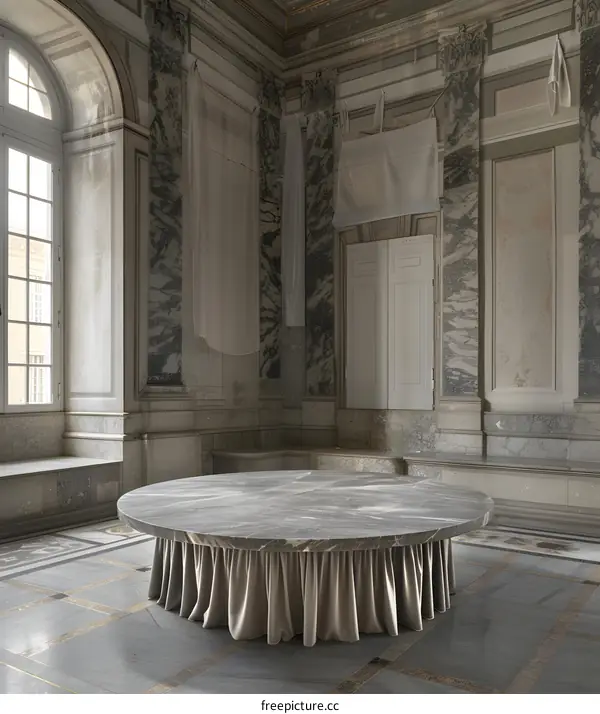 Round Marble Table in a Grand Room with White Fabric Drapes