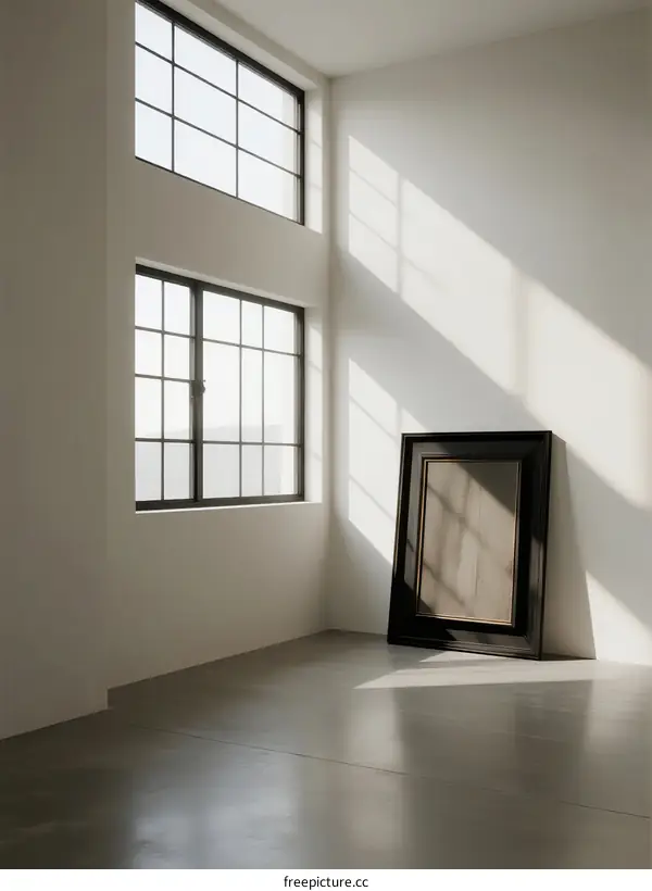 Empty room with large windows and a black frame casting shadows