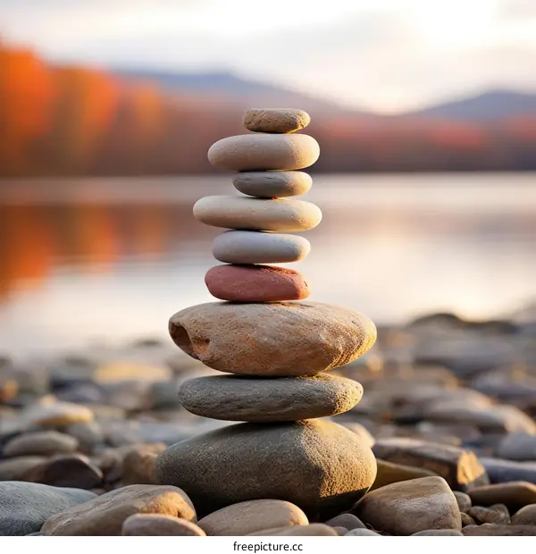 Stack of stones on a lake shore with blurred background of colorful autumn trees