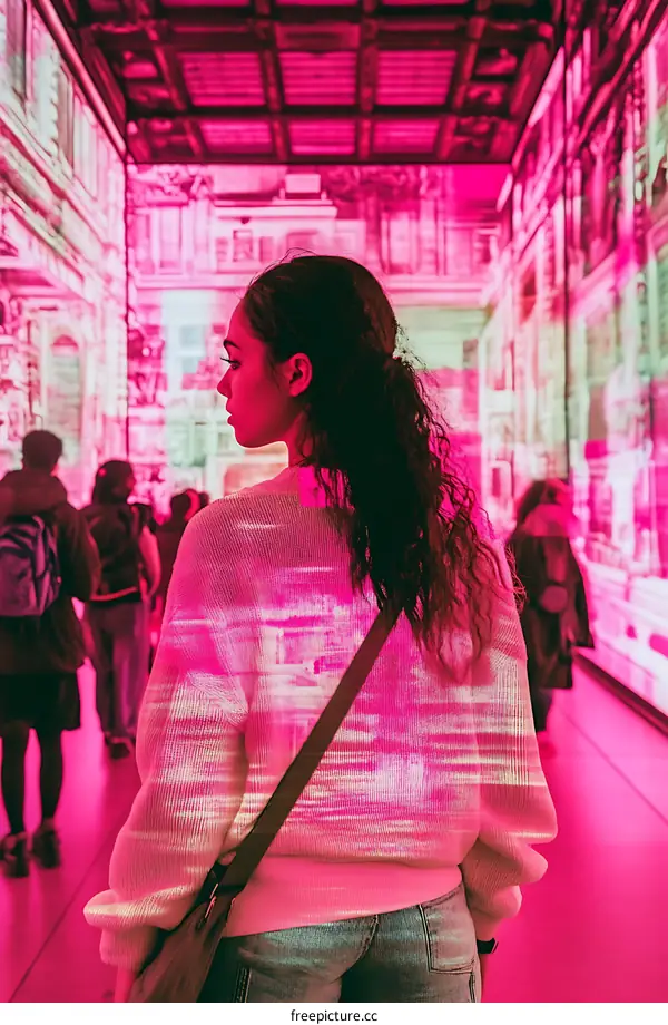 Woman with Projected Images Walking Through an Arcade