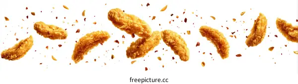 Crispy golden fried chicken pieces flying in mid air with
