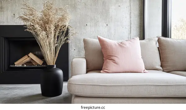 Modern Beige Sofa with Pink Throw Pillow and Dried Flowers