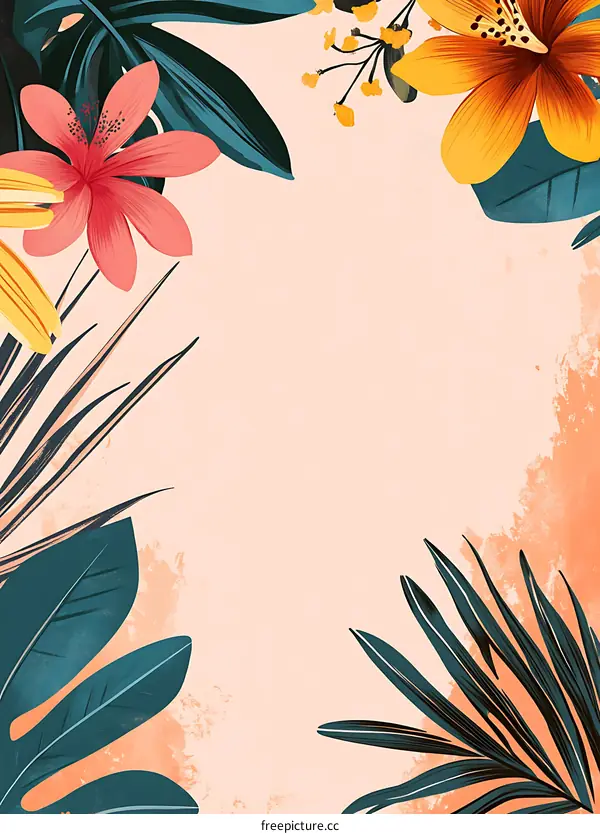 Tropical Floral Border Illustration with Pink and Yellow Flowers