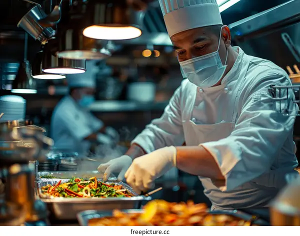 Chef wearing a mask and gloves preparing food in a commercial kitchen