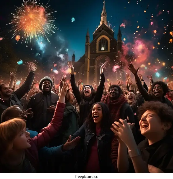 Diverse group of people celebrating New Year's Eve with fireworks in the background