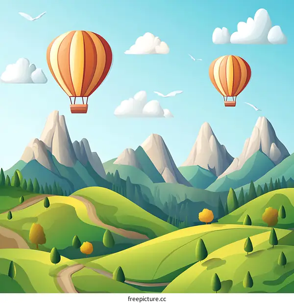 Cartoon Landscape with Hot Air Balloons and Mountains