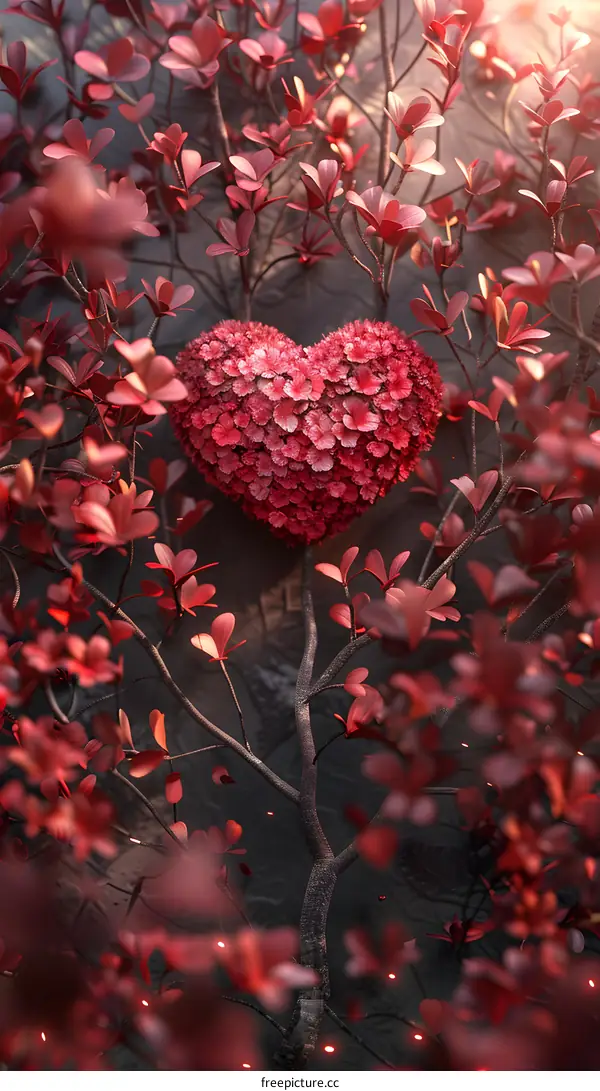 A heart made of pink flowers is suspended among the branches of a tree