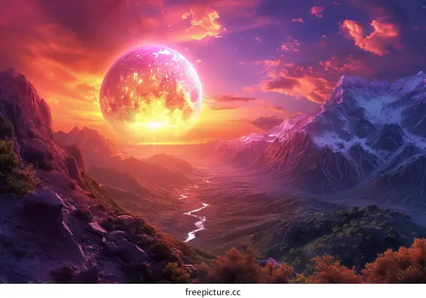 Fantasy landscape with a giant moon and mountains