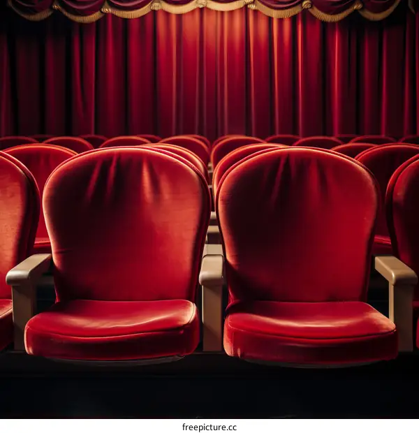Empty red velvet theater seats with a red curtain in the background
