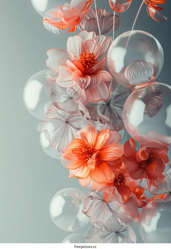 3D rendering of orange and white flowers with glass bubbles
