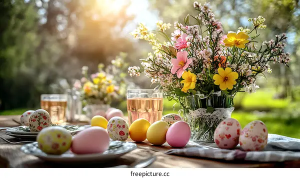 Easter Garden Party Table Setting with Flowers and Decorated Eggs