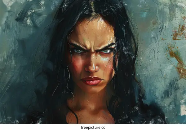 portrait of a young woman with long black hair and green eyes