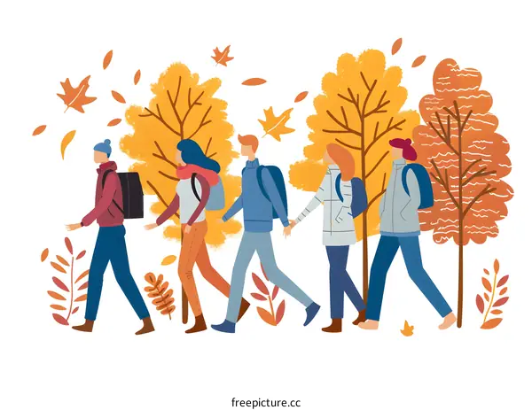 Group of Friends Walking in Autumn Forest