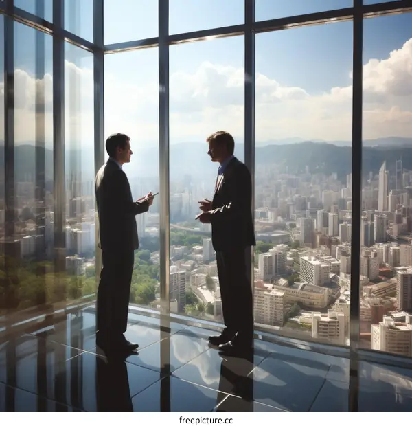 Two businessmen discussing a project in a modern office with a floor-to-ceiling window